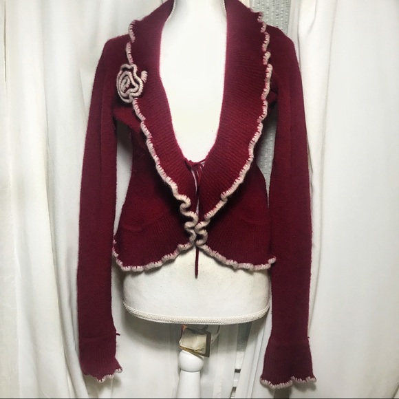 Vintage Sweaters - VINTAGE WOOL MAROON CARDIGAN WITH FLOWER S